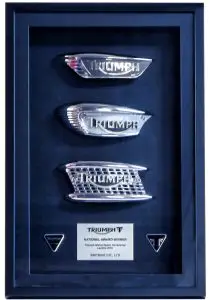 Vintage Triumph petrol tank badges are styled for 1960s Bonneville and Trophy motorcycle models.