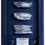 Vintage Triumph petrol tank badges are styled for 1960s Bonneville and Trophy motorcycle models.