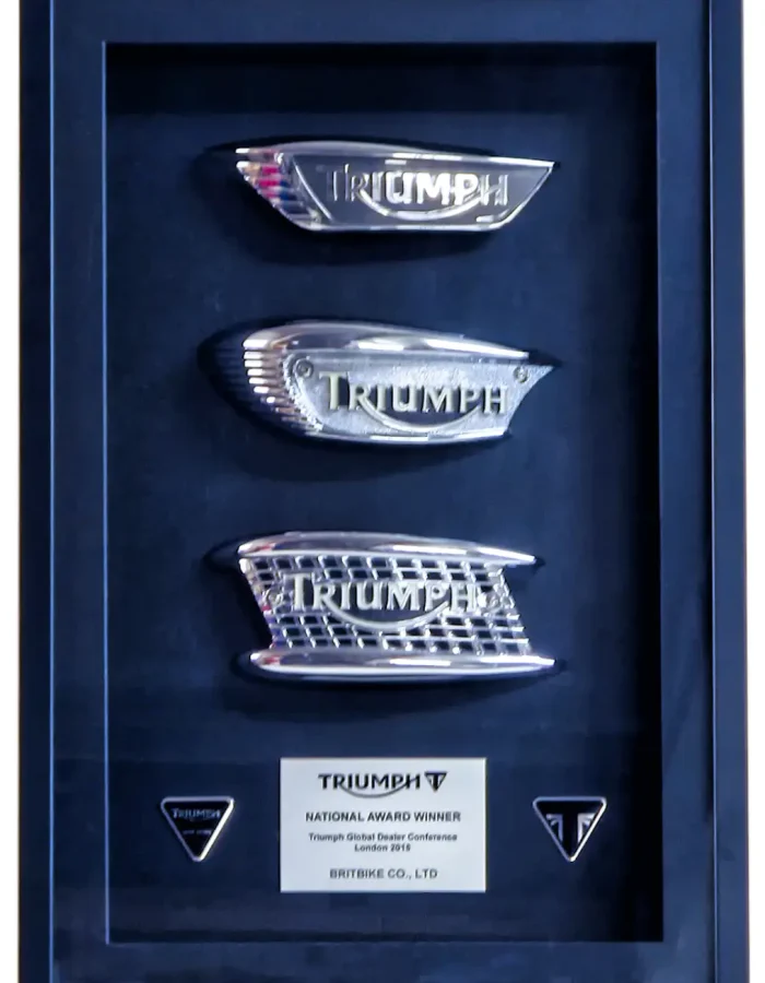 These vintage Triumph petrol tank badges are styled for 1960s Bonneville and Trophy motorcycle models.