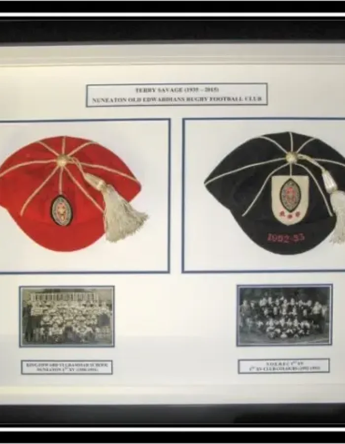 Custom double-framed display featuring commemorative sports caps, personal photos, and custom text plaques.
